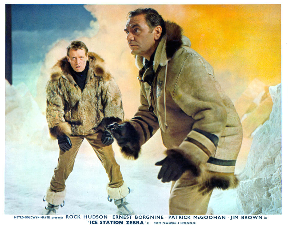 Patrick McGoohan and Ernest Borgnine fight the cold in a scene from the film 'Ice Station Zebra', 1968. (Photo by Metro-Goldwyn-Mayer/Getty Images)