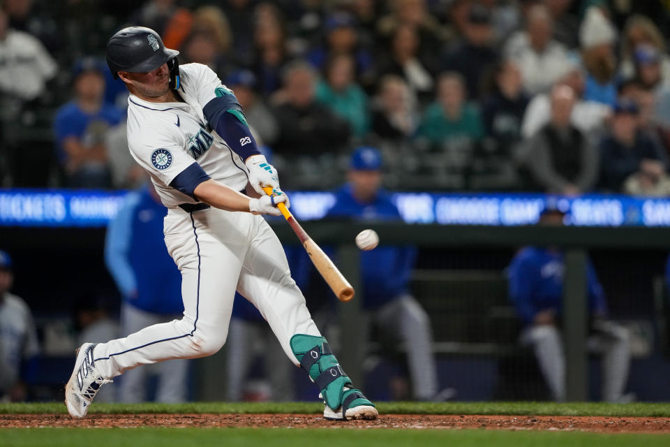 Seattle Mariners' Ty France hits a two-run home run against the Kansas City Royals during the eighth inning of a baseball game, Monday, May 13, 2024, in Seattle. (AP Photo/Lindsey Wasson)