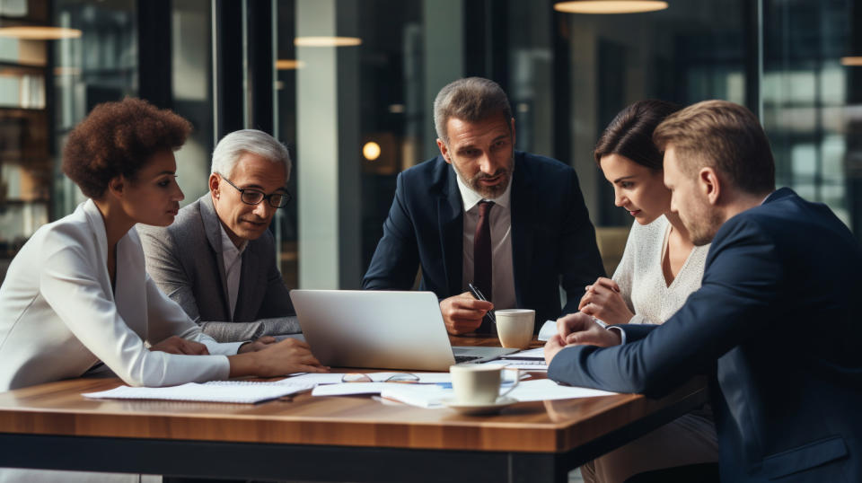 A team of financial advisors huddled around a desk, discussing the best investment strategy for their client.