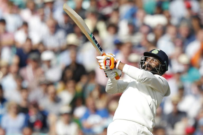 India's Ravindra Jadeja on the attack during his 86 not out against England in the fifth Test at the Oval on Sunday