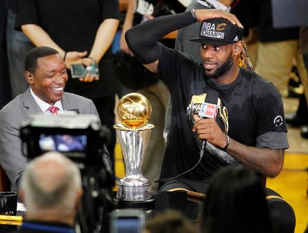 June 19, 2016; Oakland, CA, USA; Cleveland Cavaliers forward LeBron James (23) is interviewed by NBA TV analyst Isiah Thomas following the 93-89 victory against the Golden State Warriors in game seven of the NBA Finals at Oracle Arena. Mandatory Credit: Cary Edmondson-USA TODAY Sports