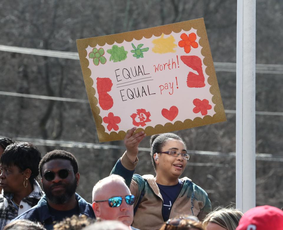 A large crowd rallies for wage increases for Direct Service Professionals, or DSPs, the workers who help in group homes and day hab programs March 7, 2024 at Kirkbride Hall in Stony Point.