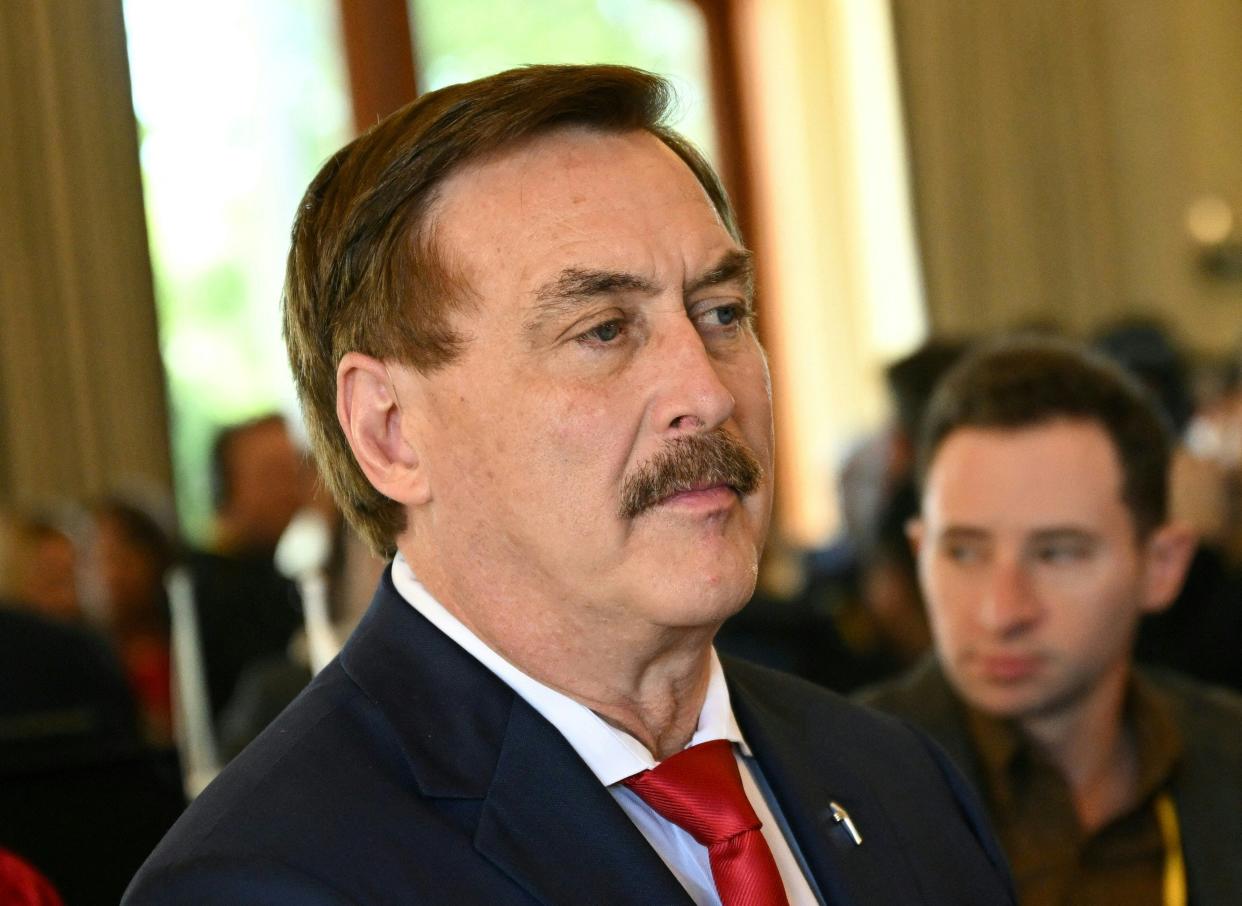 Mike Lindell, MyPillow CEO and a candidate for the Republican Party chair looks on after GOP Chair Ronna McDaniel was re-elected during the 2023 Republican National Committee Winter Meeting in Dana Point, California, on January 27, 2023. (Photo by Patrick T. Fallon / AFP) (Photo by PATRICK T. FALLON/AFP via Getty Images)