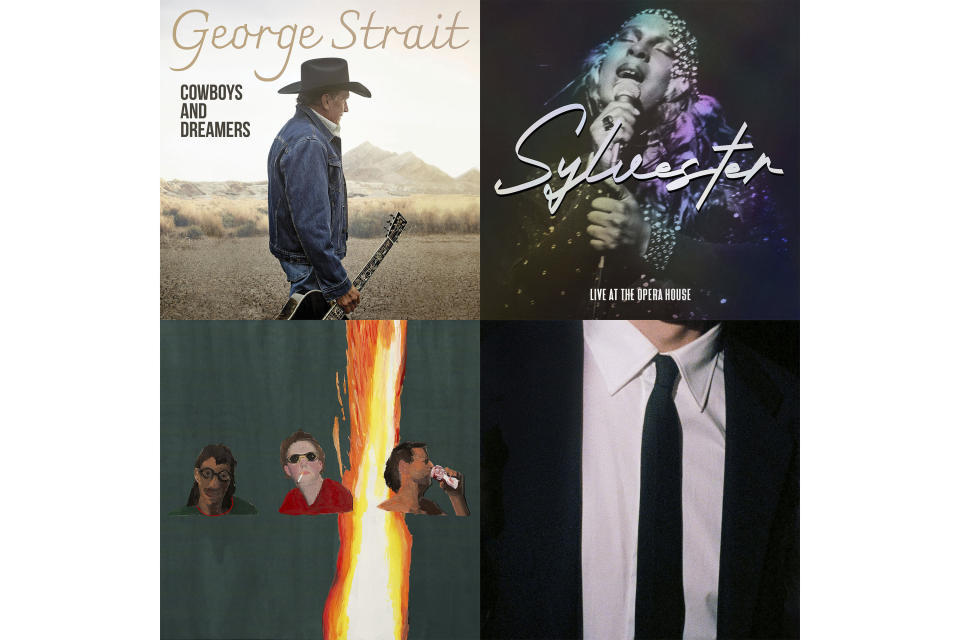 This combination of album cover images shows, clockwise from top left, "Cowboys and Dreamers" by George Strait, “Live At The Opera House” by Sylvester, “What’s Wrong With New York?” by The Dare, and "Morning Fireworks" by MJ Lenderman. (MCA Nashville/Craft Recordings-Concord/Republic Records/ANTI- via AP)