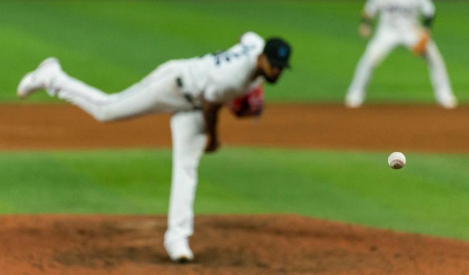 Miami Marlins starting pitcher Sandy Alcantara (22) pitches against the Washington Nationals during the eighth inning of their baseball game at LoanDepot Park on Monday, May 16, 2022, in Miami, Florida.