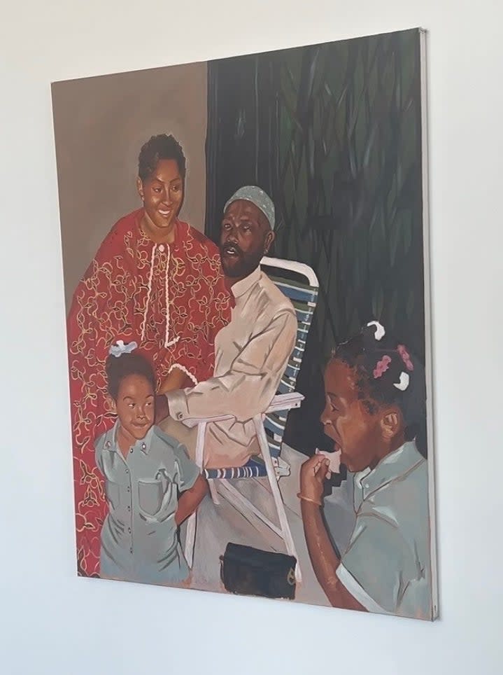 Painting of a family with two children in a home setting, evoking a sense of domestic travel and cultural exploration
