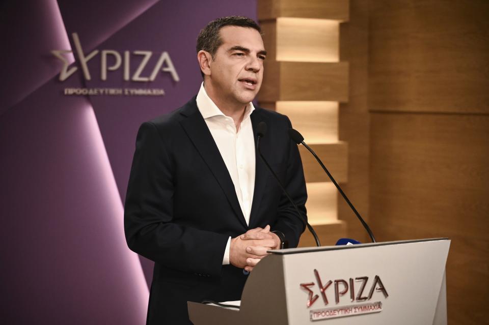 Alexis Tripras leader of the left-wing Syriza makes statements at the headquarters of the party in Athens, Greece, Sunday, June 25, 2023. Greece's conservative New Democracy party leader Kyriakos Mitsotakis has vowed to speed up reforms following his landslide victory in the country's second election in five weeks. (Angelos Tzortzinis/Pool via AP)