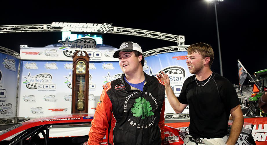 Landon Pembleton celebrates after winning the ValleyStar Credit Union 300, a Late Model Stock Car race, Saturday, Sept. 25, 2021, at Martinsville Speedway in Ridgeway, Va. © Copyright 2021 Veasey Conway, All Rights Reserved