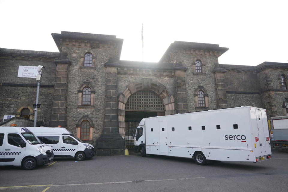 A general view of HMP Wandsworth in London where a British soldier awaiting trial on terror-related charges has escaped from a prison in southwest London Wednesday, Sept. 6, 2023 and police have launched an urgent manhunt. Counterterror police say Daniel Abed Khalife went missing from Wandsworth Prison early Wednesday. (Yui Mok/PA via AP)