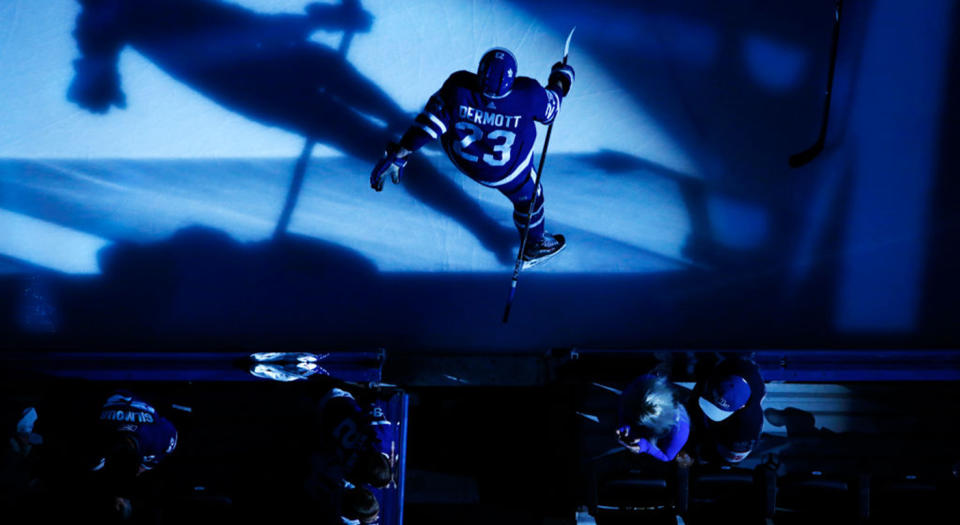 Travis Dermott is about to get his first taste of playoff action. (Mark Blinch/NHLI via Getty Images)