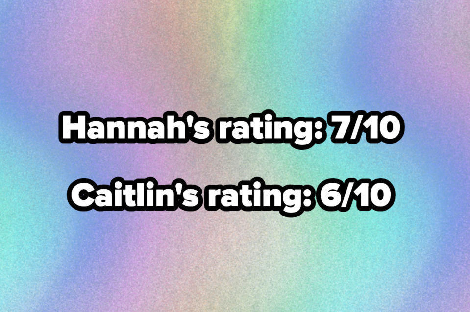 text reading, "Hannah's rating 7/10 and caitlin's rating 6/10"
