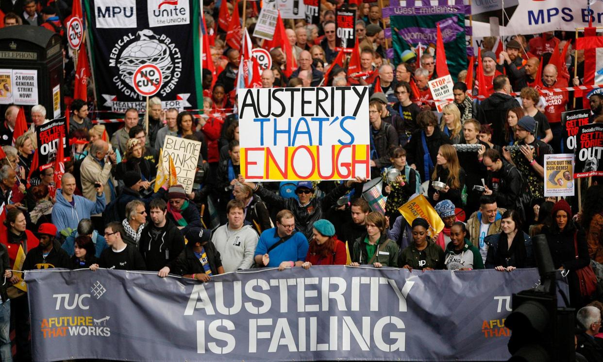 <span>A TUC march against austerity in 2012. The union body estimates the average UK worker would be £10,400 a year better off if real wages had grown at their pre-2008 trend.</span><span>Photograph: Warrick Page/Getty Images</span>