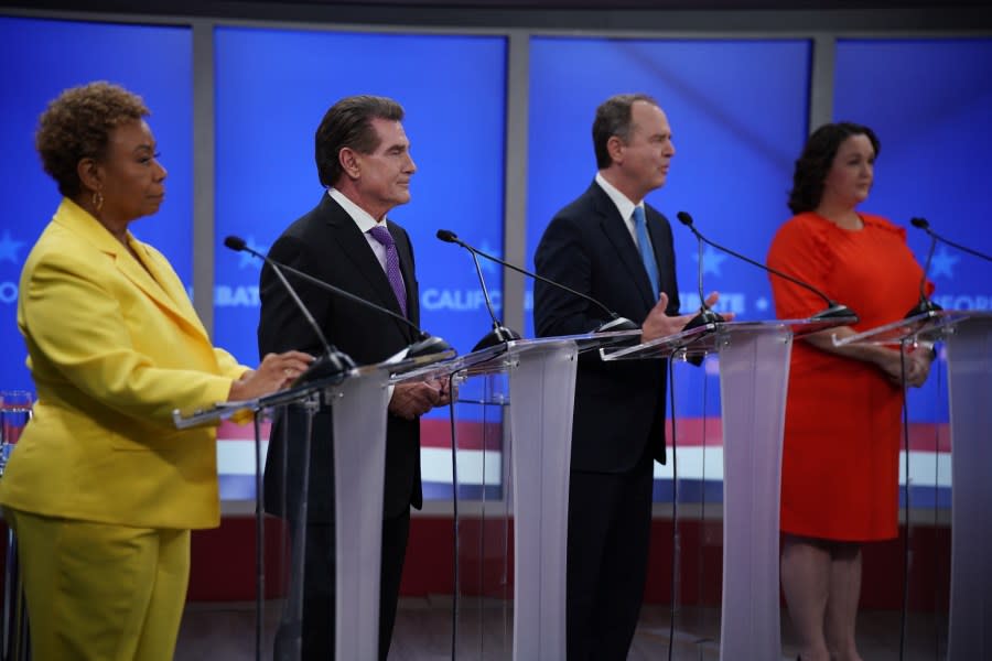 The four leading California Senate candidates at their podiums during the California Senate debate hosted by KRON-TV in San Francisco / Photo: Nexstar Media Group