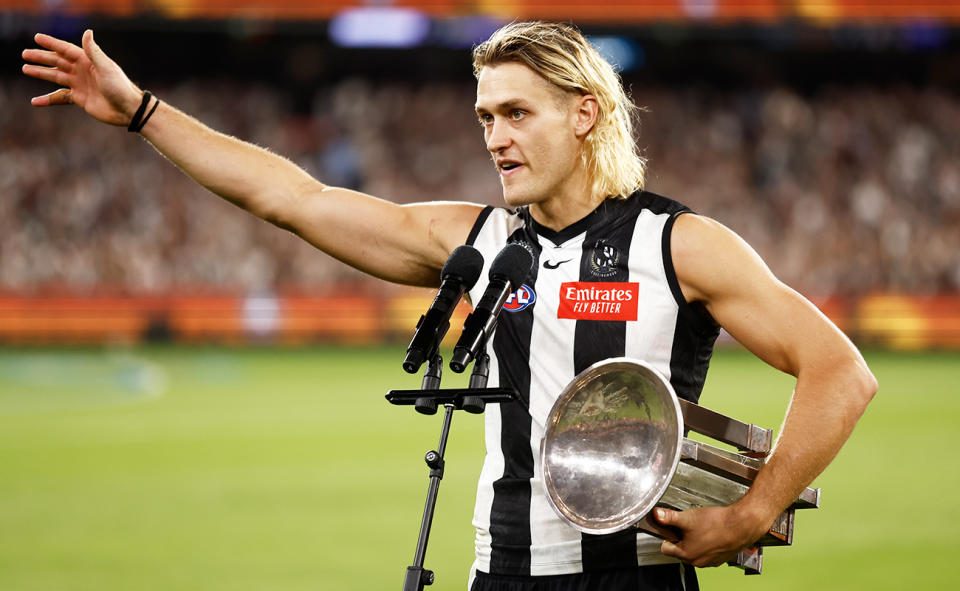 Darcy Moore, pictured here addressing the crowd after Collingwood's win over Essendon on Anzac Day.