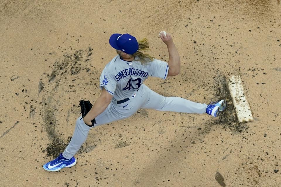 Los Angeles Dodgers starting pitcher Noah Syndergaard throws during the first inning of a baseball game against the Milwaukee Brewers Tuesday, May 9, 2023, in Milwaukee. (AP Photo/Morry Gash)