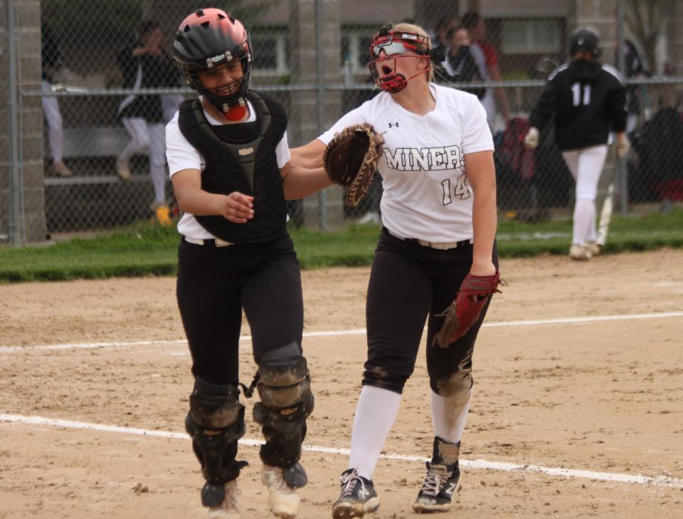 Gillespie sophomore pitcher Emma Gipson, right, celebrates with freshman catcher Delaney Taylor during a South Central Conference game at Staunton on Wednesday,  May 4.