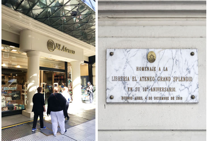 Outside, the former theatre looks like any other bookstore albeit with an elegant façade (left). A marble plaque commemorating the 10th anniversary of El Ateneo Grand Splendid’s transformation into a bookstore.