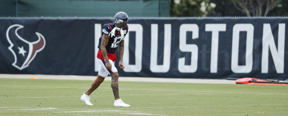 Houston Texans wide receiver Kenny Stills lines up to run a play during an NFL training camp football practice Monday, Aug. 24, 2020, in Houston. (Brett Coomer/Houston Chronicle via AP, Pool)