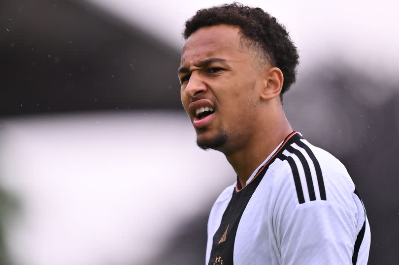 VERDEN, GERMANY - MAY 22: Eric Da Silva Moreira of Germany looks dejected during the Under 18 International friendly match between Germany and Denmark at Stadion am Berliner Ring on May 22, 2024 in Verden, Germany. (Photo by Oliver Hardt/Getty Images for DFB)