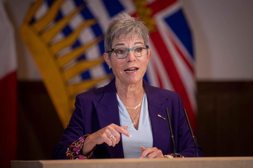 Selina Robinson, Minister of Post-Secondary Education is pictured during a press conference regarding capping new post-secondary institutions for 2 years in Surrey, British Columbia on Monday, January 29, 2024.