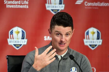 Sep 28, 2016; Chaska, MN, USA; Justin Rose of England addresses the media before their practice round for the 41st Ryder Cup at Hazeltine National Golf Club. Mandatory Credit: John David Mercer-USA TODAY Sports