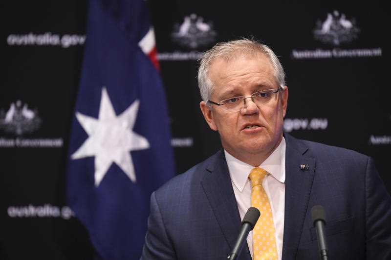 Australian Prime Minister Scott Morrison speaks to the media during a press conference at Parliament House in Canberra.