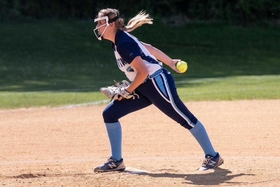 S #3 Grace Conrad pitches the ball. Sparta hosts Pope John in the quarterfinals of the Hunterdon/Warren/Sussex softball tournament on Wednesday, May 10, 2023. 