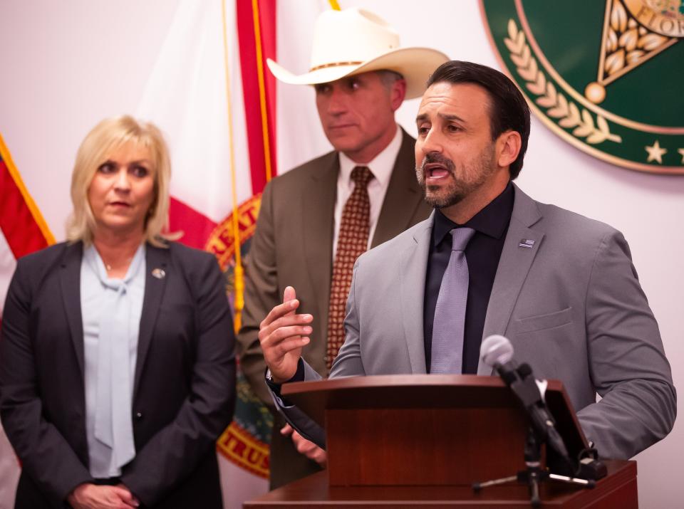 Ocala Mayor Ben Marciano gives his own account of being addicted to drugs and alcohol at an early age, during a press conference on Thursday with Florida Attorney Ashley Moody in Ocala.