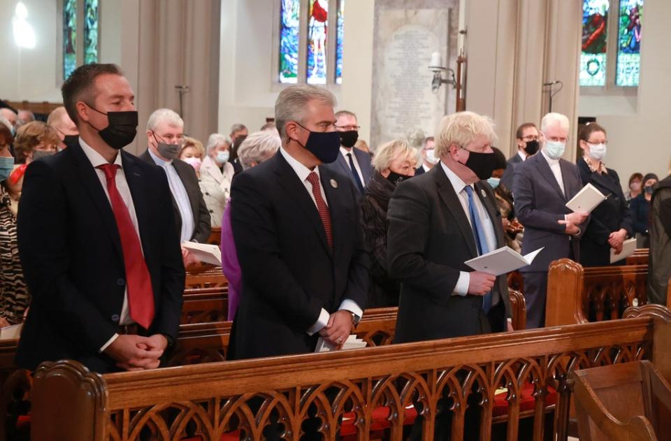 First Minister of Northern Ireland Paul Givan, Secretary of State for Northern Ireland Brandon Lewis and Prime Minister Boris Johnson attending a service to mark the centenary of Northern Ireland at St Patrick’s Cathedral in Armagh (Liam McBurney/PA) (PA Wire)