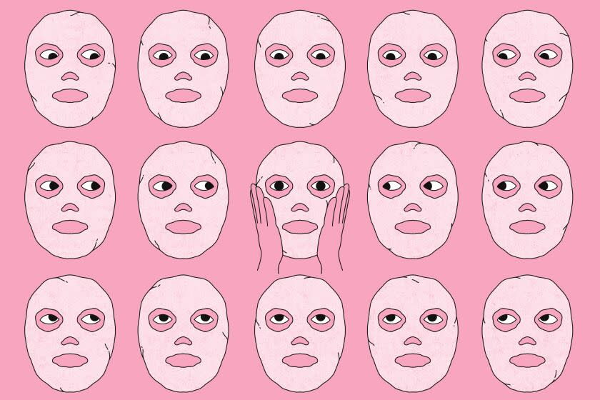 Illustration of a grid of faces wearing beauty masks and looking at each other.