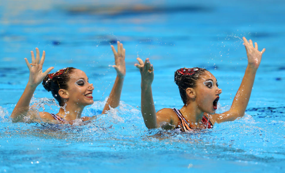 Evangelia Platanioti and Desponia Solomou of Greece compete in the Women's Duets Synchronised Swimming Free Routine Preliminary on Day 10 of the London 2012 Olympic Games at the Aquatics Centre on August 6, 2012 in London, England. (Photo by Clive Rose/Getty Images)