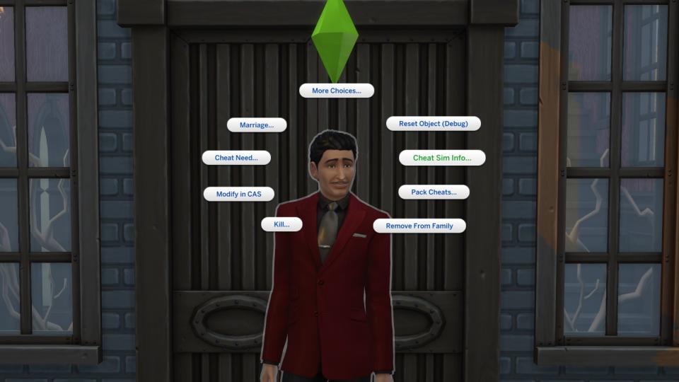 The Sims 4 - Mortimer Goth stands on his porch with a wheel of cheat options surrounding his head