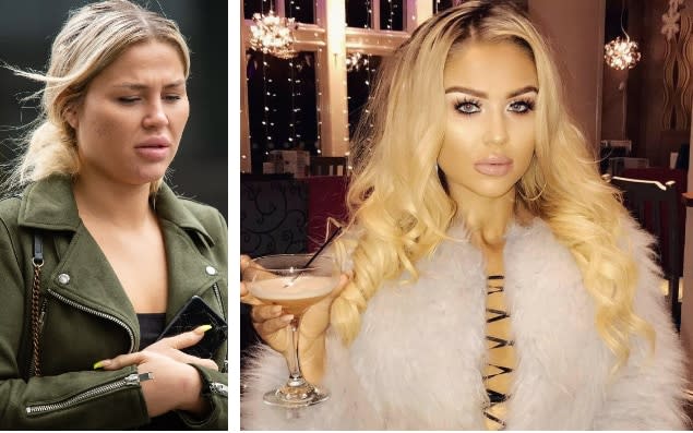 Scarlett Harrison, pictured left leaving Manchester Magistrates' Court and right on a night out - Ricky Champagne/Cavendish