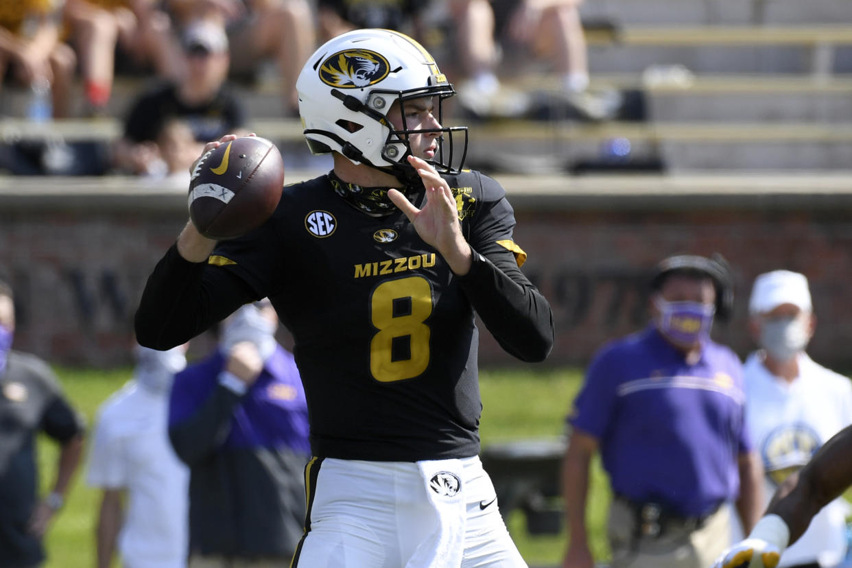 Missouri quarterback Connor Bazelak throws during the second half of an NCAA college football game against LSU Saturday, Oct. 10, 2020, in Columbia, Mo. (AP Photo/L.G. Patterson)