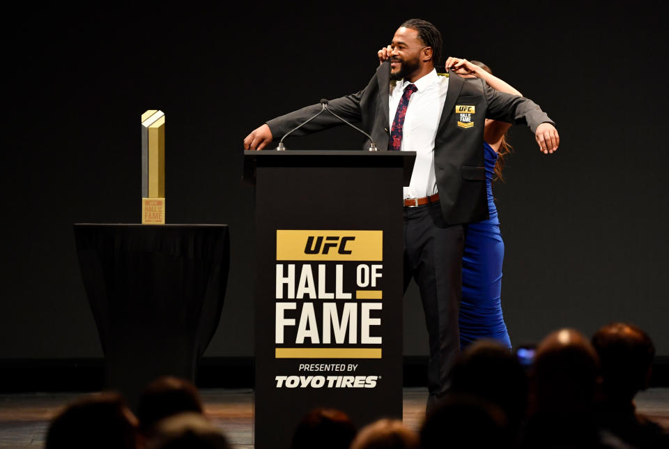 LAS VEGAS, NEVADA - JULY 05:  Rashad Evans is inducted into the UFC Hall of Fame during the UFC Hall of Fame Class of 2019 Induction Ceremony inside The Pearl at The Palms Casino Resort on July 5, 2019 in Las Vegas, Nevada. (Photo by Jeff Bottari/Zuffa LLC/Zuffa LLC via Getty Images)