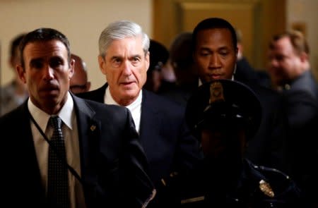 Special Counsel Robert Mueller departs after briefing members of the U.S. Senate on his investigation into potential collusion between Russia and the Trump campaign on Capitol Hill in Washington, U.S., June 21, 2017.   REUTERS/Joshua Roberts/File Photo