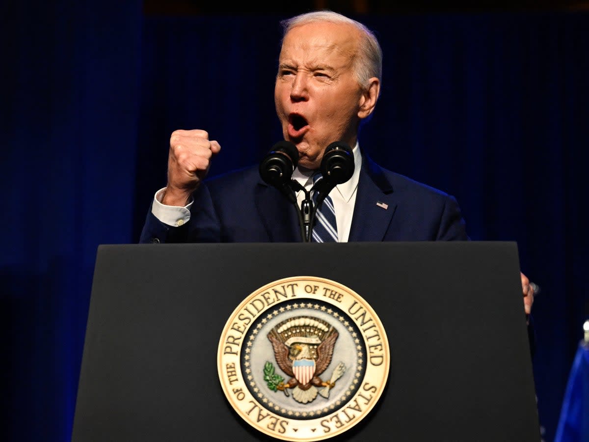 US president Joe Biden speaks at the Milton J Rubenstein Museum in Syracuse, New York, on 25 April 2024 (AFP/Getty)