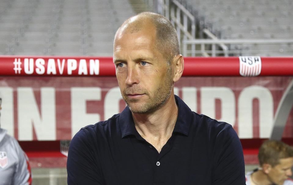 United States head coach Gregg Berhalter pauses prior to the first half of a men's international friendly soccer match against Panama, Sunday, Jan. 27, 2019, in Phoenix. (AP Photo/Ross D. Franklin)