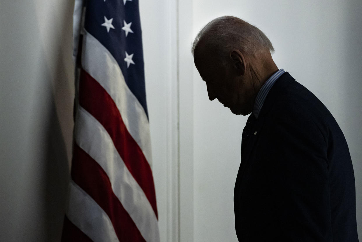 President Joe Biden departs after speaking in the Eisenhower Executive Office Building in Washington on June 2, 2021.