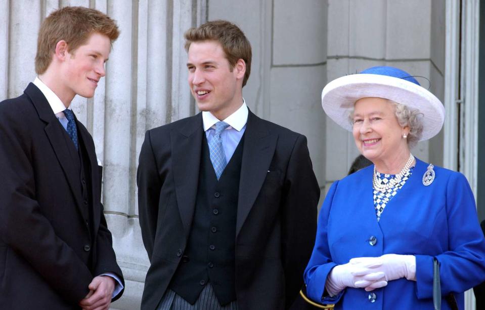 Queen Elizabeth II Laughs With Her Grandsons Prince William And Prince Harry On The Balcony Of Buckingham Palace After The Trooping The Colour Parade. Wearing Formal Morning Suits But Without The Traditional Top Hats The Young Princes Joined Other Members Of The Royal Family For This Occasion To Mark The Queen's Official Birthday.