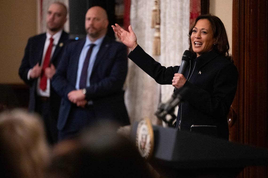 Vice President Kamala Harris speaks with California legislators at the Stanford Mansion in Sacramento on Jan. 25.