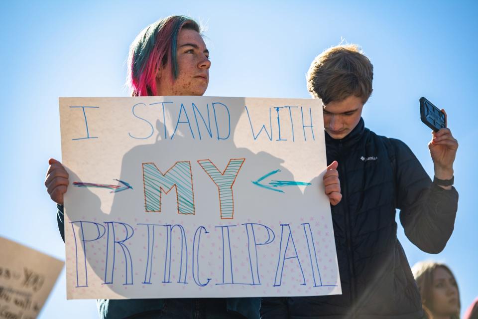 Colorado Early Colleges Fort Collins High School student William (Josh) Mitchell, 15, holds a sign at a walkout on March 2. The walkout was a protest of the firing of principal Collin Turbert and what students called corruption in the Colorado Early Colleges system.