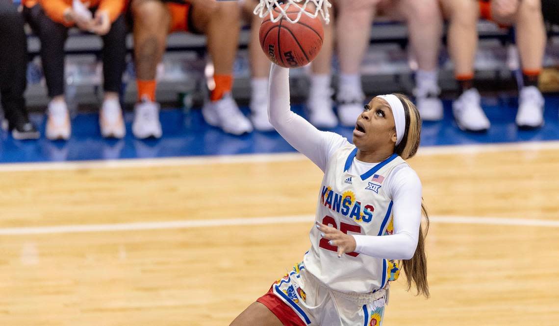 Kansas guard Chandler Prater goes up for a layup during an NCAA women’s basketball game against Oklahoma State on Sunday, Feb. 26, 2023, in Lawrence, Kan.