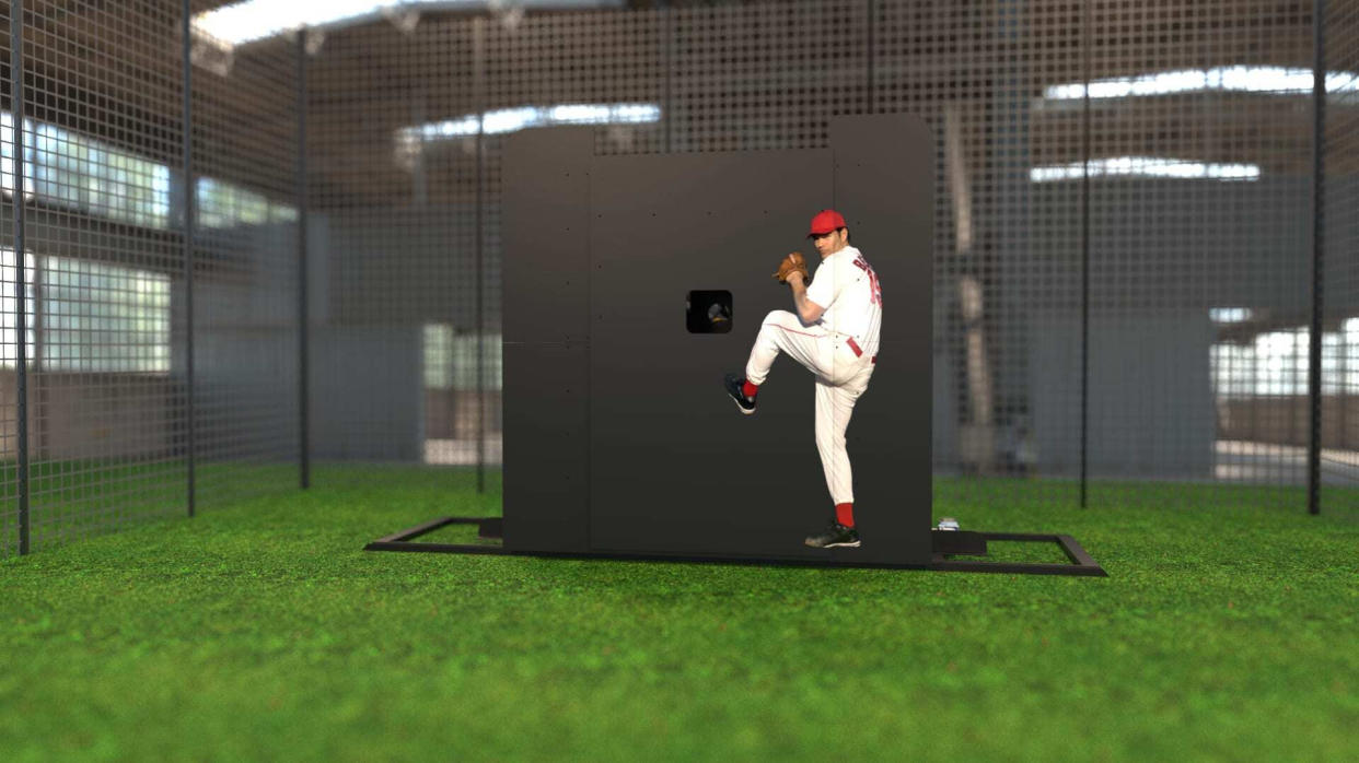 The Trajekt Arc machine adjusts to release points and can display a visual of a pitcher's delivery. (Courtesy Trajekt)