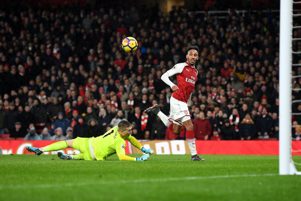 Pierre-Emerick Aubameyang scores his first goal for Arsenal. (Getty)