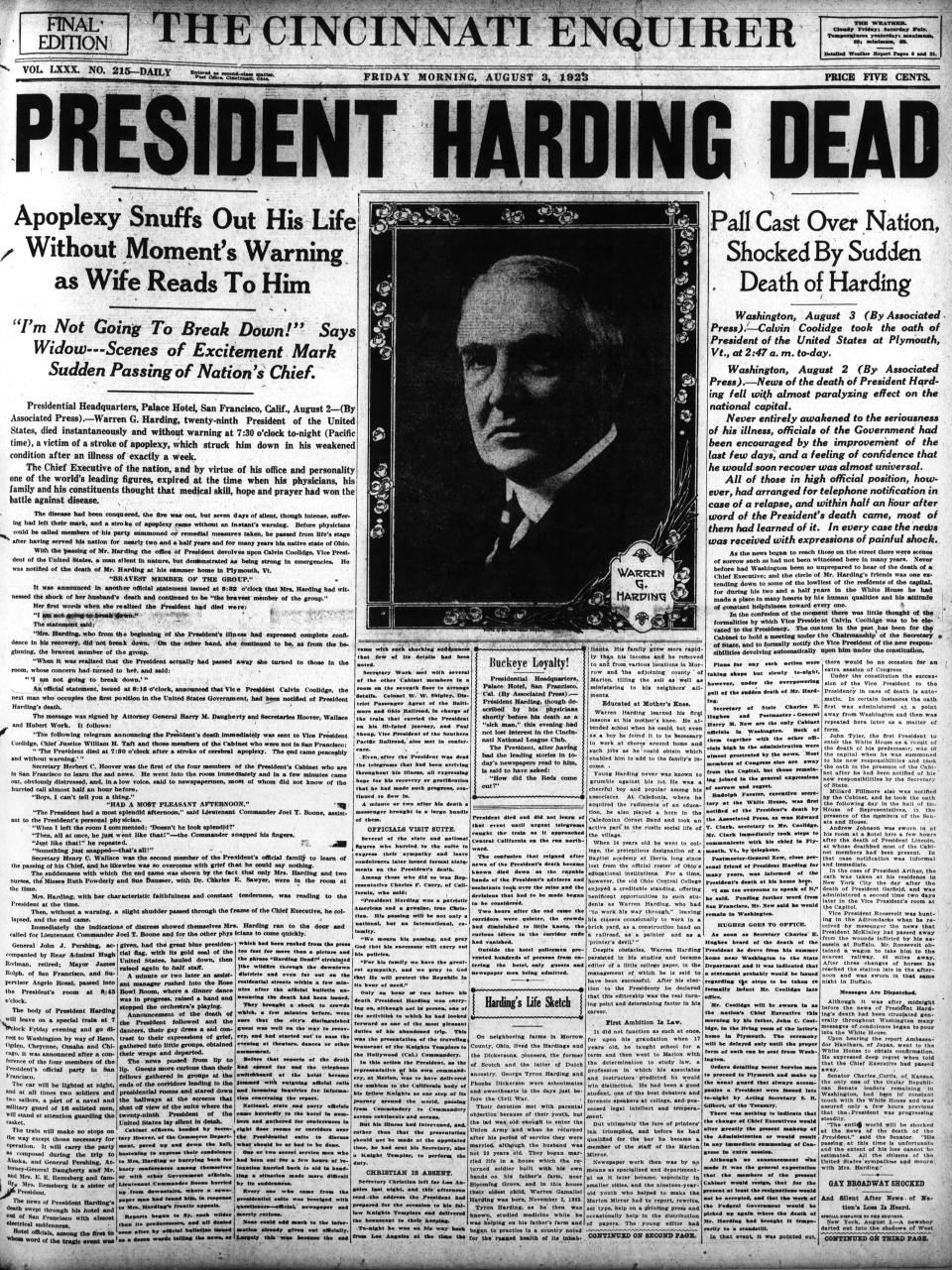The Cincinnati Enquirer front page from Aug. 3, 1923. President Warren G. Harding died.