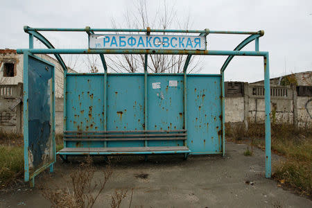 The "Rabfakovskaya" bus stop with shrapnel-scars stands in the Oktyabrsky district of Donetsk, Ukraine, October 24, 2017. REUTERS/Alexander Ermochenko