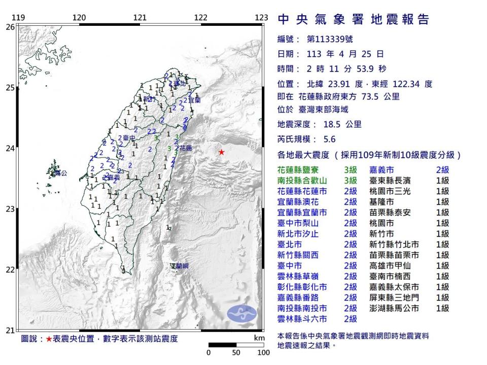 <strong>今（25）日凌晨2時11分花蓮地區發生規模5.6地震。（圖／氣象署）</strong>