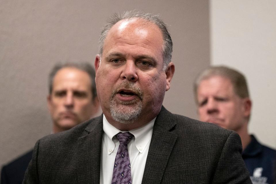 Lee County Schools Superintendent Christopher Bernier speaks at a press conference about Hurricane Ian on Monday, Sept 26, 2022, at the Lee County Emergency Operations Center in Fort Myers. 