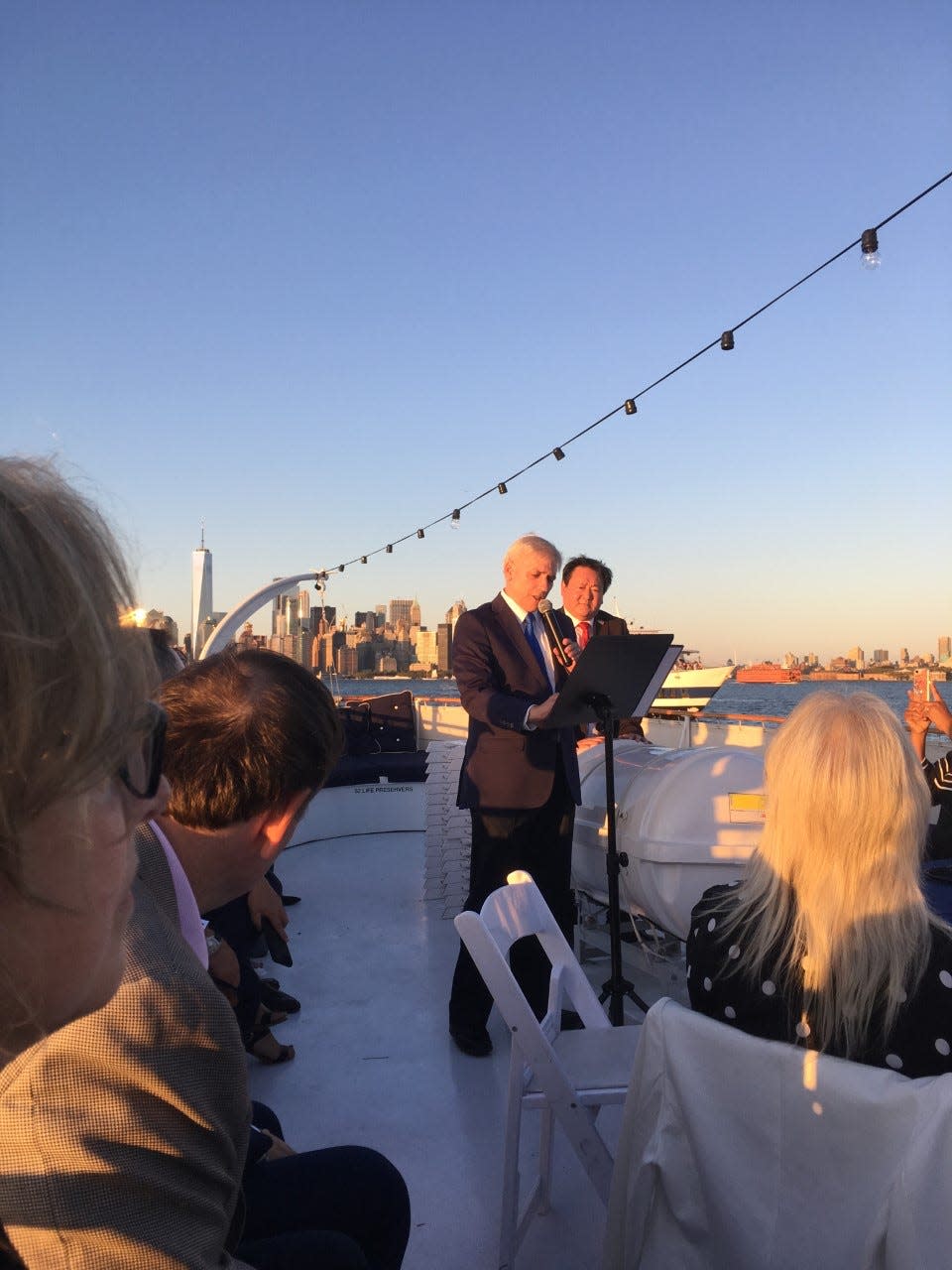Steve Rogers speaks on the deck of the antique yacht Mariner III, which played host to a fundraiser for President Donald J. Trump in New York harbor in August.